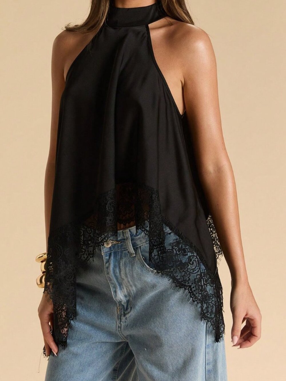 Black Party Women's Sexy Elegant Lace Patchwork Halter Backless Camisole Top - Picture 8 of 8